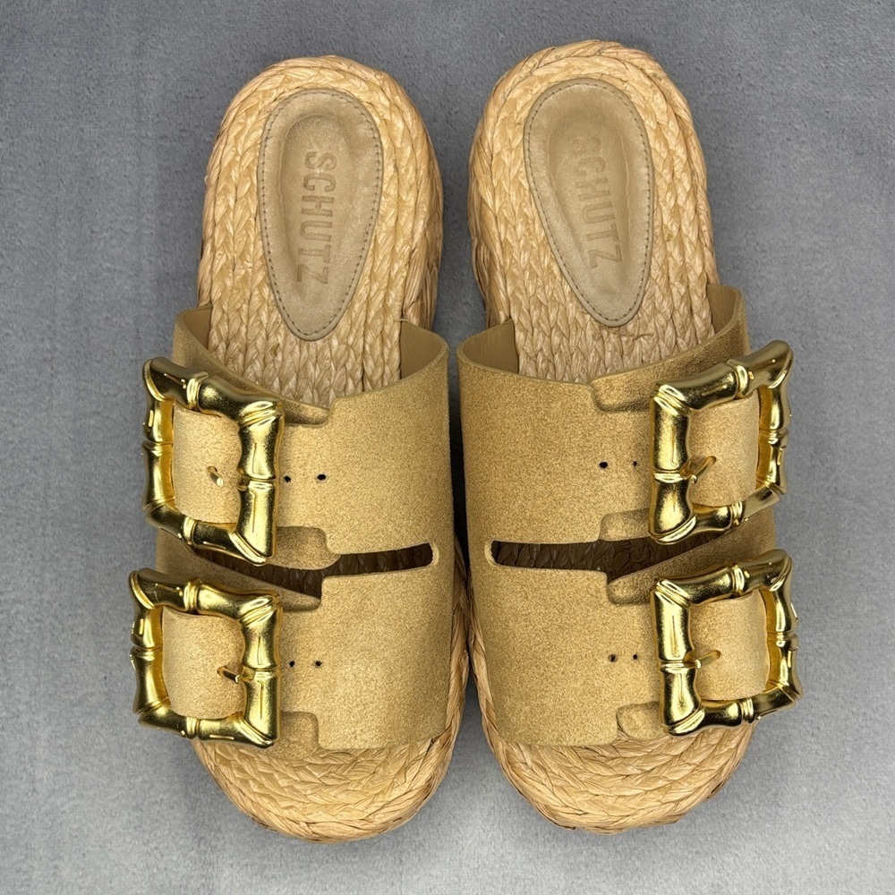 Schutz Raffia Platform Slide Sandals Gold Bamboo Buckle Tan Size 6.5
